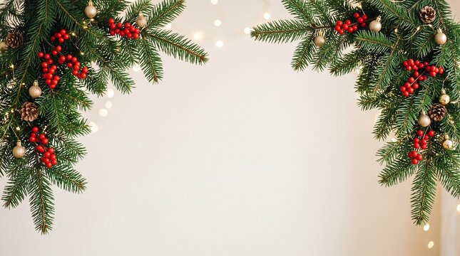 Christmas Evergreen Border with Red Berries and Copy Space