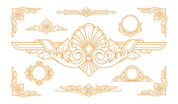 Luxurious gold floral shell border set for classic wedding stationery graphic layouts.
