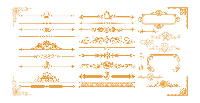Set of golden hamsa and filigree border dividers for elegant artistic stationery design.