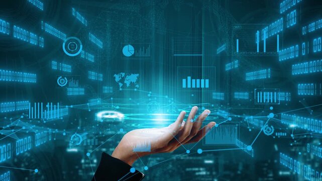 A futuristic hand gestures towards a glowing display of digital data, showcasing charts and a world map. Perfect for illustrating technology, data analysis, and innovation. Xenic