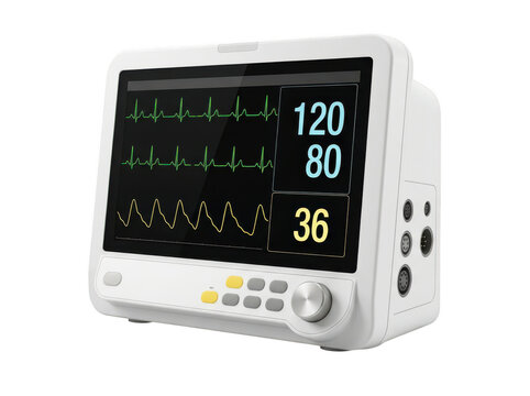 Medical patient monitor displaying vital signs isolated on transparent background