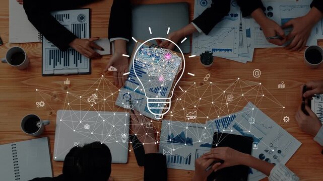 A dynamic business meeting scene showcasing teamwork and innovative ideas. Professionals gather around a table with data analysis tools, emphasizing collaboration and strategy. Raster