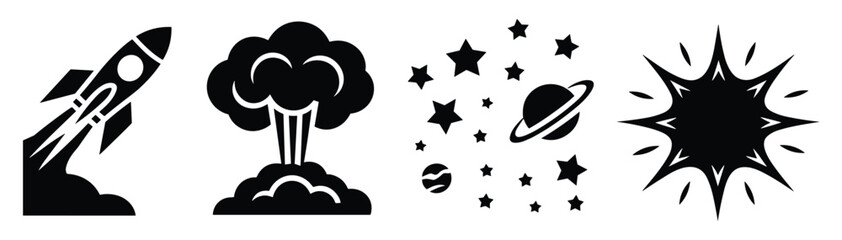 Black and white set featuring a launching rocket, a mushroom cloud explosion, a starry space scene with a ringed planet, and a jagged starburst shape © Maru