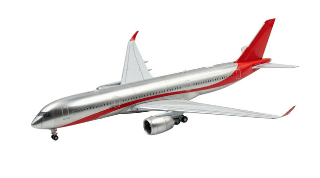 Silver and red passenger airplane isolated on transparent background