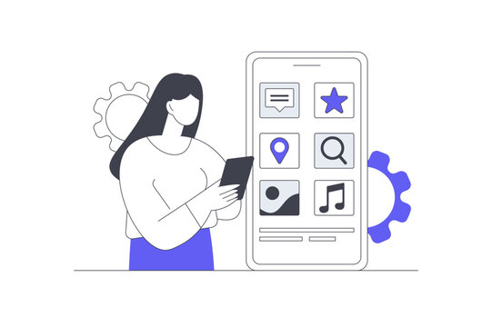 Making Settings Customization and Mobile UI UX Interface Control. Female Specialist Holding Phone Customizing Mobile App Interface Options and Gear. Flat Cartoon Vector Illustration, icon Stylish web