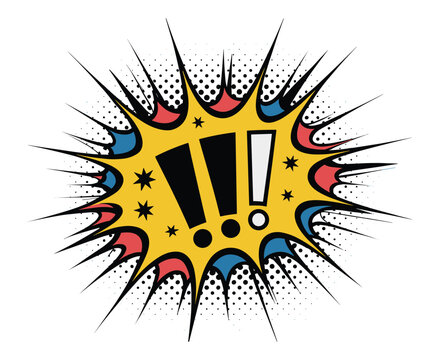 Comic book style speech bubble with three exclamation marks, yellow burst shape, black halftone dots, and red and blue accents on a white background