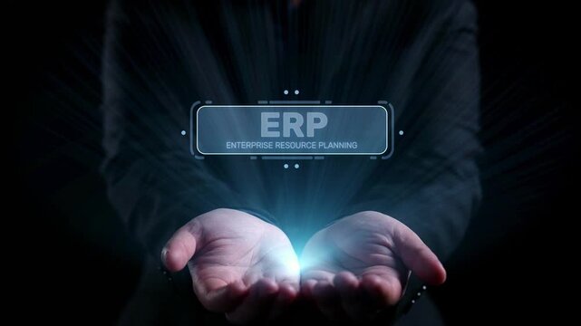 ERP platform visual showing centralized system for enterprise resource planning, improving integration, data flow, business efficiency, finance, inventory, and human resources. Elide