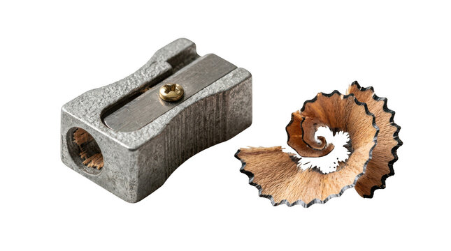 Metal pencil sharpener with wooden shavings isolated on transparent background