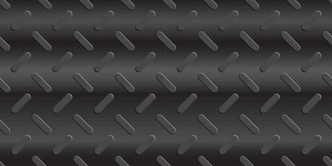 Fototapeta premium Wall black texture with realistic perforated hole and background plate metal. Gradient material grate with dot micro bg and brushed rhombus board. Warning pegboard sheet with iron hexagon alloy.