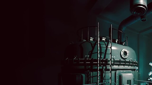 A large industrial tank stands in a dark room. Metal pipes extend from the tank. The setting has low light, creating shadows around the area.
