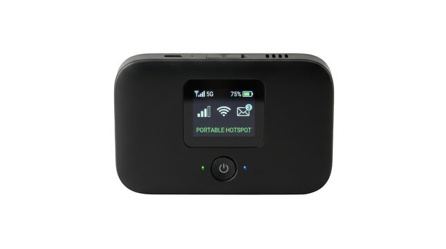 Portable 5g wifi hotspot device with digital screen displaying signal strength and battery status isolated on transparent background