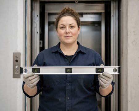Elevator Rescue Training Waist Up Camera Facing Portrait Technician Build Holding Rigid Landing Level Gauge Horizontally