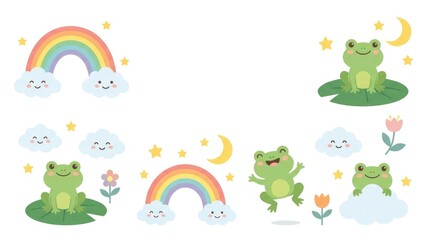 Obraz premium Sweet nursery frog clipart featuring smiling baby frogs with rainbows, stars, fluffy clouds, crescent moons, lily pads and small flowers, soft rounded