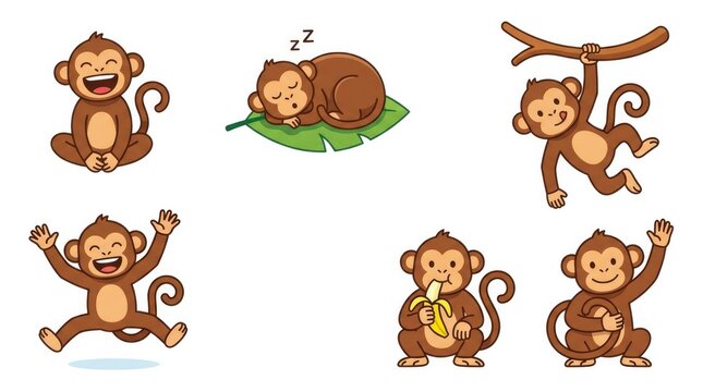 Monkey sticker-style clipart collection including laughing, sleeping, swinging, jumping, eating a banana, hugging its curled tail and waving, separate