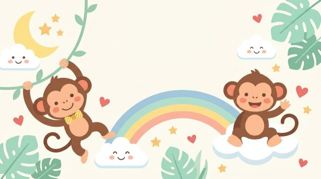 Sweet nursery monkey clipart featuring smiling baby monkeys with rainbows, stars, fluffy clouds, crescent moons, tropical leaves and tiny hearts, soft