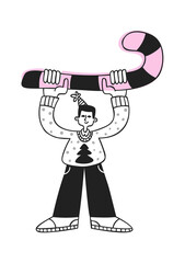 Naklejka premium Man Lifting Giant Candy Cane Cartoon