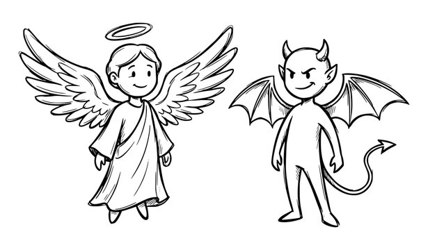 Black and white line art illustration of a cute angel and a mischievous little devil standing together
