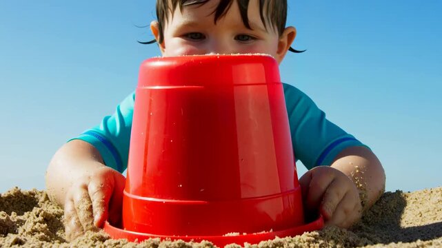 Young child presses a bright red bucket into wet sand, pats the top, then lifts the container to reveal a compact sand tower beneath clear blue sky in bright daylight