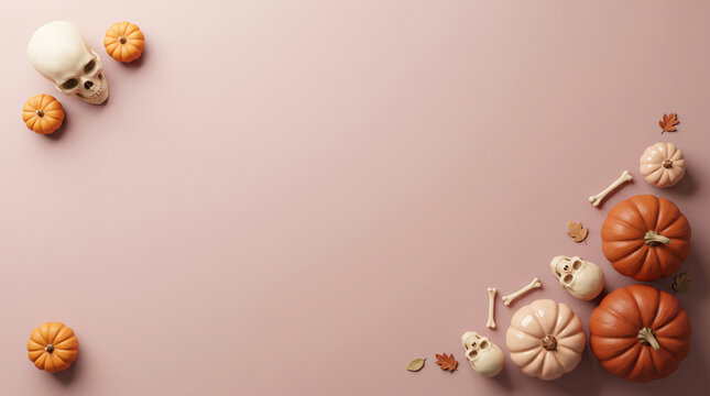A festive helloween border featuring decorative pumpkins and a human skull on a soft pink background