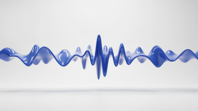 A thick, glossy blue waveform with pronounced undulations and a central peak is presented horizontally against a bright, clean white background, suggesting a strong audio signal or data