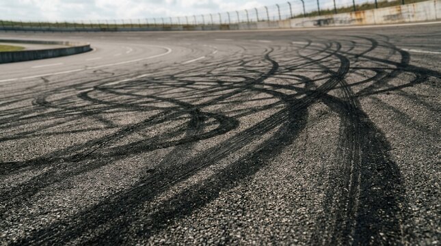 Asphalt Race Track With Tire Marks Drifting And Burnouts On Circuit