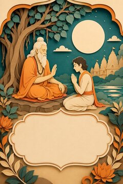 Guru Purnima Spiritual Teacher and Disciple Illustration Guru Purnima illustration showing a spiritual teacher blessing a devoted disciple beneath a sacred tree and full moon in peaceful surroundings.