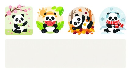 Obraz premium Collection of cute pandas enjoying seasonal activities including spring blossoms, summer fruit, autumn leaves and winter scarves, clean commercial vec