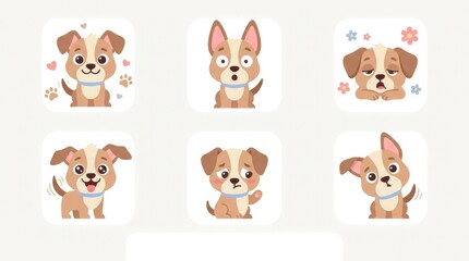 Obraz premium Commercial children's puppy clipart collection featuring playful puppies with balls, paw prints, toy bones, flowers, butterflies, stars and simple pet