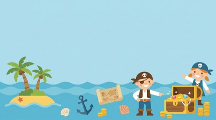 Fototapeta premium Cute pirate treasure island collection featuring cheerful child pirates, a small tropical island, palm trees, treasure chests, gold coins, treasure