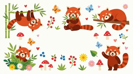 Obraz premium Cute red panda clipart pack with playful poses, bamboo branches, berries, mushrooms, butterflies, flowers, leaves and tiny hearts, cheerful children's