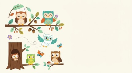 Fototapeta premium Cute owl clipart pack with playful baby owls flying, sitting on branches, peeking from a tree hollow, watching butterflies, holding tiny flowers and s