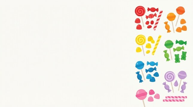 Cute rainbow candy collection featuring sweets in red, orange, yellow, green, blue, lavender and pink, including lollipops, wrapped candies, jelly dro