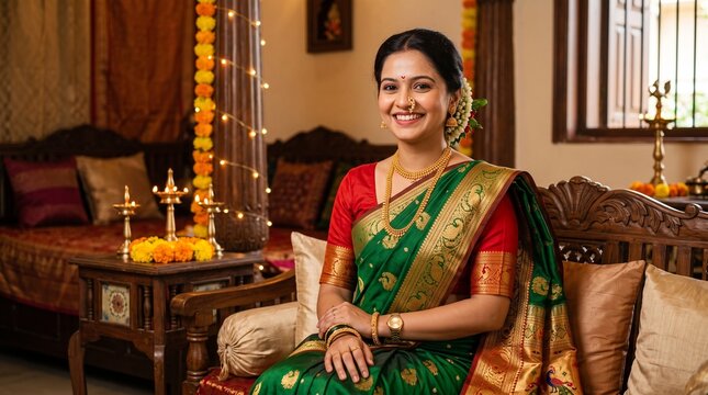 Smiling Indian woman wearing traditional green silk saree sits elegantly in a cozy living room decorated for festive Diwali celebrations