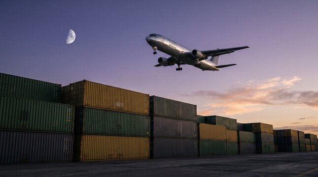 Cargo airplane flying over shipping containers at dusk, air freight logistics and global supply chain transport background