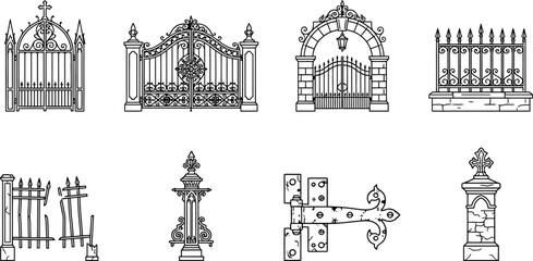 Obraz premium A collection of eight distinct black and white line art illustrations depicting various ornate wrought iron fences, decorative gates, gate pillars, and heavy metal hinges.