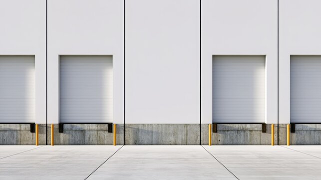 Loading docks with closed roller doors on a modern white warehouse building facade, representing supply chain, shipping, and global logistics operations