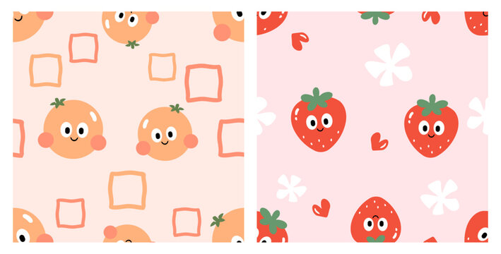 Seamless orange and strawberry character pattern featuring smiling fruits with funny eyes, simple geometric squares, white flowers and tiny hearts on soft pastel backgrounds in playful flat vector.