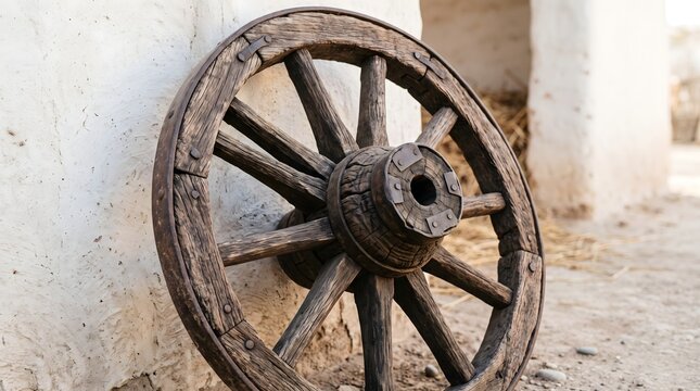 A wooden wagon wheel against the backdrop of a clay wall in a rural setting. AI generated.