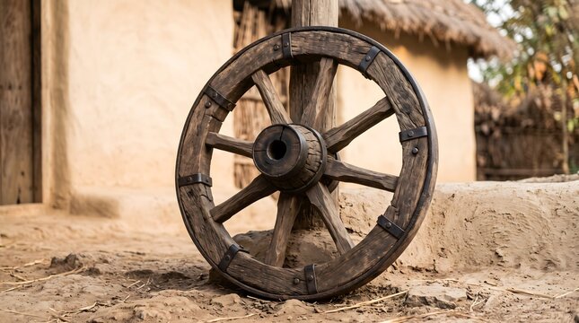 A wooden wagon wheel against the backdrop of a clay wall in a rural setting. AI generated.