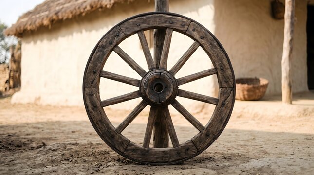 A wooden wagon wheel against the backdrop of a clay wall in a rural setting. AI generated.