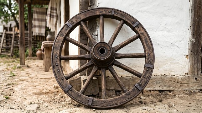 A wooden wagon wheel against the backdrop of a clay wall in a rural setting. AI generated.