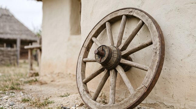 A wooden wagon wheel against the backdrop of a clay wall in a rural setting. AI generated.