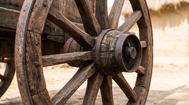 A wooden wagon wheel against the backdrop of a clay wall in a rural setting. AI generated.