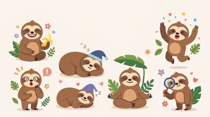 Fototapeta premium Cute sloth character collection with different emotions including happy, sleepy, surprised, excited, calm and curious, accompanied by leaves, flowers