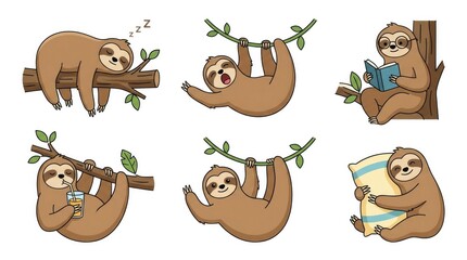 Fototapeta premium Sloth sticker-style clipart collection including sleeping, yawning, reading a book, drinking juice, waving, hugging a pillow and swinging from vines