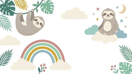 Fototapeta premium Sweet nursery sloth clipart featuring smiling sloths with clouds, crescent moons, stars, rainbows and tropical foliage, soft rounded child-friendly sh