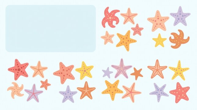 Cute starfish collection featuring rounded five-arm sea stars in different sizes and playful poses, simple dotted and geometric surface patterns, cora