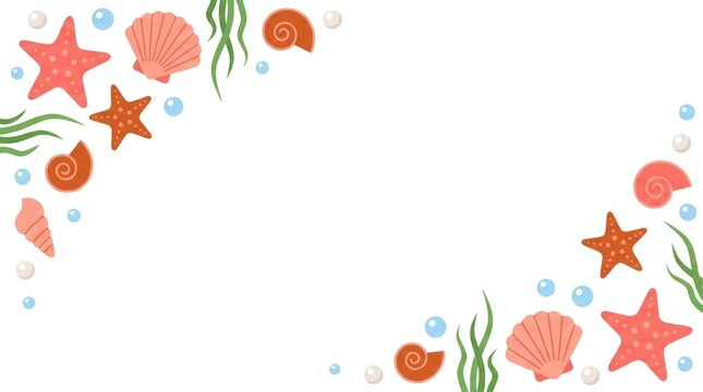 Cute starfish corner decoration featuring coral pink and orange sea stars, scallop shells, spiral shells, bubbles, pearls and simple seaweed concentra