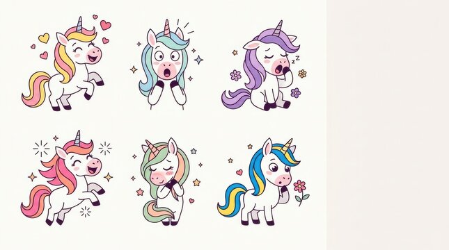Cute unicorn character collection with different emotions including happy, surprised, sleepy, excited, shy and curious, expressive ears, flowing manes