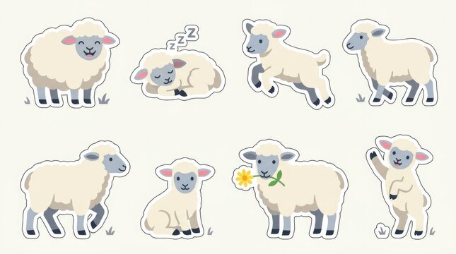 Sheep sticker-style clipart collection featuring smiling sheep, sleeping lamb, jumping lamb, walking sheep, sitting lamb, sheep holding a flower